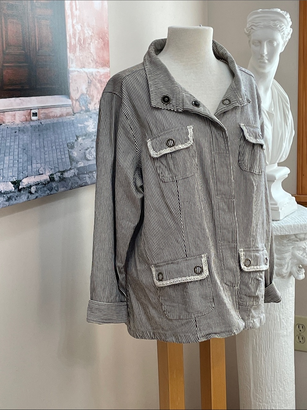 Dressbarn Brown White Striped Jacket Lace on Pockets Seersucker Plus Size 2x
